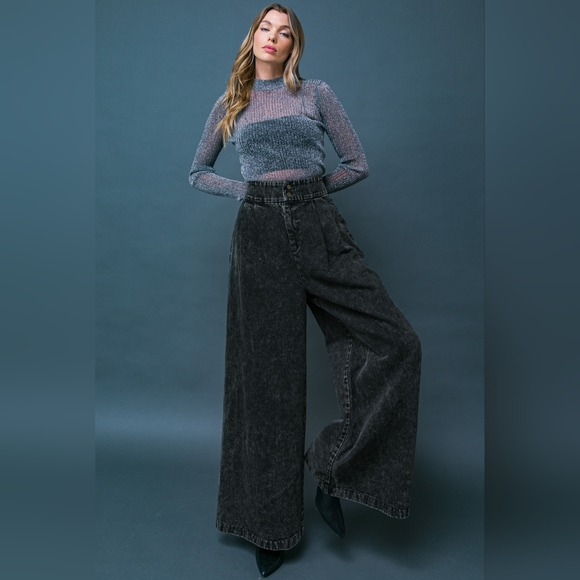 High Waisted Wide Leg Dark Wash Denim - Picture 3 of 5